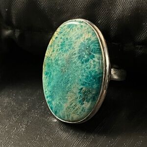 Boho Statement Fossil Coral 925 Sterling Silver Plated Ring Women’s Size 8.5